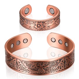 2 Piece Copper Magnetic Bracelet and Ring Set Magnetic Copper Bracelet and Magnetic Copper Ring for Men Women Adjustable Solid Copper Bangle Magnetic Ring with Magnet