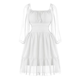 PUKAVT Women's Summer Dresses 2025 Square Neck Tie Back 3/4 Lantern Sleeve Vintage Chiffon Short Dress White XXL