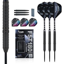 Formula Sports 90% Tungsten Darts Set 21g/22g/23g/24g, Professional Steel Tip Darts Set with Aluminum Shafts, Tungsten Barrels, Dart Sharpener Tool Kit, Extra Flights (Black, 23g)