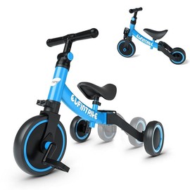 Besrey 5-in-1Balance Bike Convertible Balance Bike (3-8YO) LED Glow Wheels + Foldable Frame | Adjustable Seat & Training Modes  Indoor/OutdoorTrike - Color: Blue