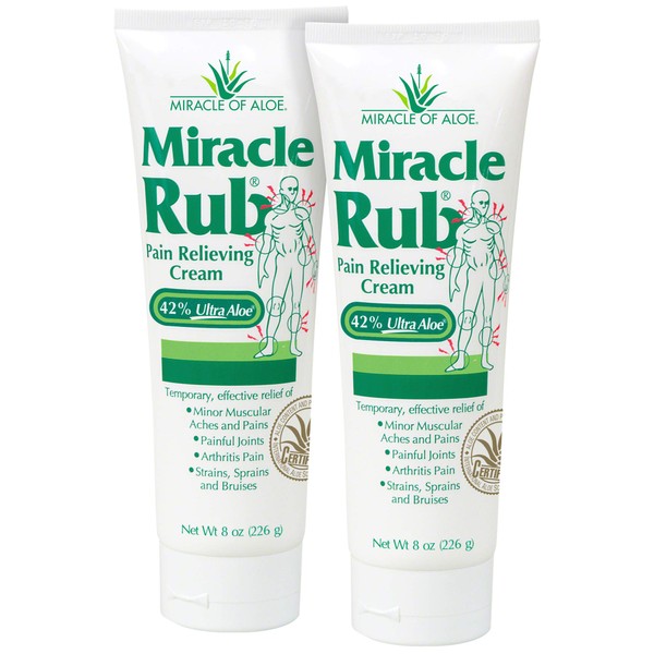 Miracle of Aloe Miracle Rub Pain Relieving Cream 8 oz, Fast & Effective Relief for Arthritis, Muscle, and Joint Pain - Maximum Strength UltraAloe Formula, Topical Analgesic (2-Pack)