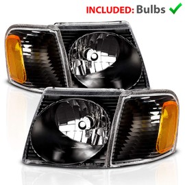 AmeriLite for 2001-2005 Ford Explorer Sport/Sport Trac Crystal Black Replacement Headlights w/Corner Lamp Aseembly Pair - Passenger and Driver Side