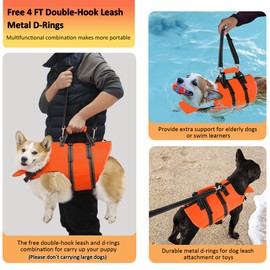 Petglad Dog Life Jacket with 4ft Leash, Reflective Pet Life Vest with Zipper and Handle for Swimming Boating, Adjustable High Buoyancy Floatation Swim Vest for Small Medium Large Dogs - Orange, L
