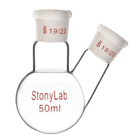 StonyLab Glass 50ml Heavy Wall 2 Neck Round Bottom Flask RBF, with 19/22 Center and Side Standard Taper Outer Joint, 50ml