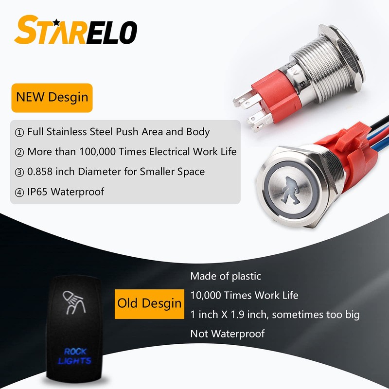 STARELO 10Amp Latching Push Button Switch, SASQUTACH Lights,12V 24VDC Pre-Wired