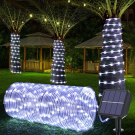 Solar Rope Lights, 66ft 200LED Solar String Lights, 8 Modes Waterproof Solar Powered Outdoor Light, Flexible Clear Tube Light for Garden, Backyard, Patio, Deck, Porch, Pool, Tree Decorative - White