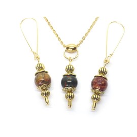 Vintage Style Stainless Steel Choker Necklace and Earring Jewelry Set for Women with Red Picasso Jasper Pendant