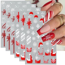 Christmas French Nail Art Stickers with Christmas Hat Snowflake Gift Bow English Design Xmas Nail Sticker 3D Adhesive Snow Elk Red French Glitter Nail Tip Christmas Winter Holiday Nail Decor for Women