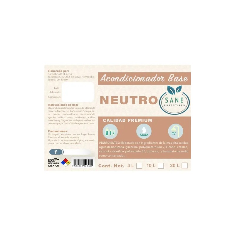Acondicionador Neutro 20 Lts Sin Extractos Sin Aroma