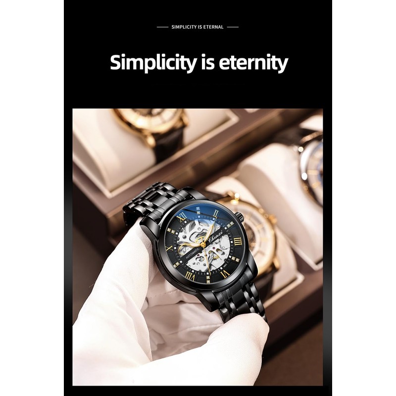 Verhux Men's Automatic Skeleton Watches Self Winding Mechanical Black Two