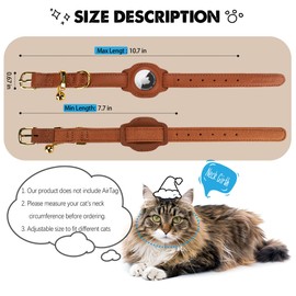 Jowlroel AirTag Cat Collar with Bell & Fabric Liner - Pet Collar Leather Cat Collar - Non Breakaway Leather Kitten Collar with AirTag Holder - GPS Cat Collars for Boy Cats, Girl Cats (Brown)