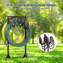 Garden Hose Holder Freestanding, Water Hose Holders for Outside with 4 Spikes, Hose Reels Double-Sided Heavy Duty Metal Hose Stand Holds 150ft Hose, Hose Storage for Outdoor Yard Lawn, Bronze