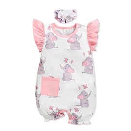 6-9 Month Girl Clothes Baby Girl Clothes Infant Girl Summer Spring Outfits Half Years Photography Smocked Elephant Printed Cute Soft Home Clothing Set+Headband Pink