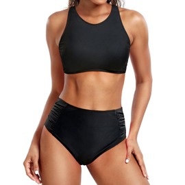 Holipick Women High Waisted Two Piece Bikini Set Racerback Bathing Suit Sporty Crop Top with Bottom for Teen Girls, Solid Black, XX-Small