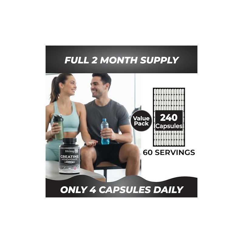 Creatine Monohydrate 240 Vegan Capsules – 3000mg per Serving |