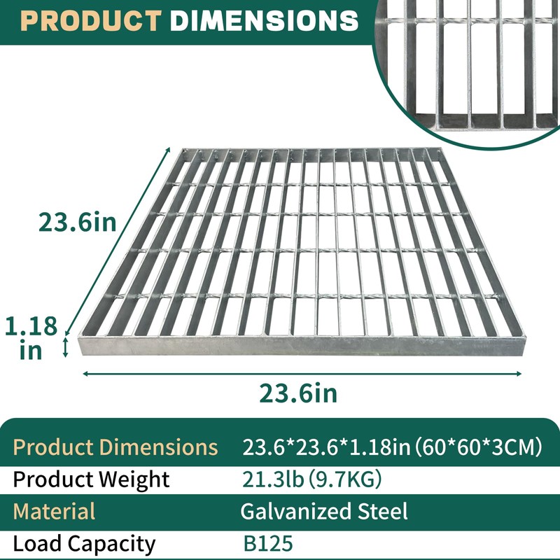 23.6x23.6 Galvanized Steel Drain Grate, B125 Class Sewer Grate, Weather-Resistant