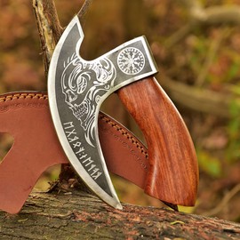 Viking Pizza Cutter Axe, Hand Forged, Carbon Steel Slicer Chef Viking Axe with Premium Leather Sheath, Mini Axe Kitchen Tool, Medieval Pizza Cutter, for Hunting, Camping, and Viking Gifts for Men