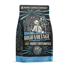 Bones Coffee Company High Voltage, Highly Caffeinated Unflavored Coffee, Medium Roast Low Acid Arabica Beans Compatible with Auto drip and French Press Coffee Maker, 12 Oz Ground