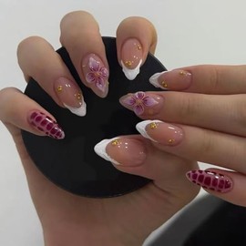 Uñas postizas medianas almendradas - Punta francesa blanca con flores 3D y estampados de animales. Se adhieren con pegamento. 24 unidades.