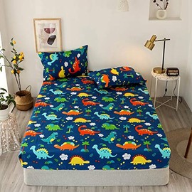 Dinosaur Fitted Sheet Twin Size Kids Bedding Set Cartoon Dinosaur Fitted Sheet For Boys Children Colorful Bedroom Decor Ancient Jungle Animals Bed Cover Tropical Hawaiian Palm Leaf Bed Set Blue