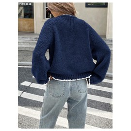 Milumia Women's Tie Front Bow Cardigan Contrast Binding V Neck Long Sleeve Knitted Sweaters Deep Blue Large
