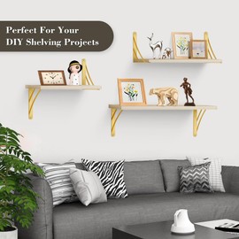 Gold Shelf Brackets, 200mm Triangle Shelving Brackets, Versatile Right Angle Wall Mounted Shelf Supporters for Scaffold Board, Modern Brass Wall Decor Corner Brace for DIY Shelving, Gold, 2 Pcs