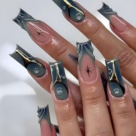 24Pcs French Tip Press on Nails Medium Square Fake Nails with 3D Designs Full Cover Stick on Nails Star Acrylic Nails Gold Stripe Glue on Nails 3D Water Drop False Nails for Women Nail Art Supplies