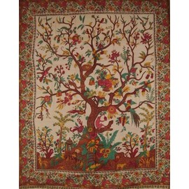 Tree of Life Tapestry Cotton Bedspread 108" x 88" Full-Queen Beige
