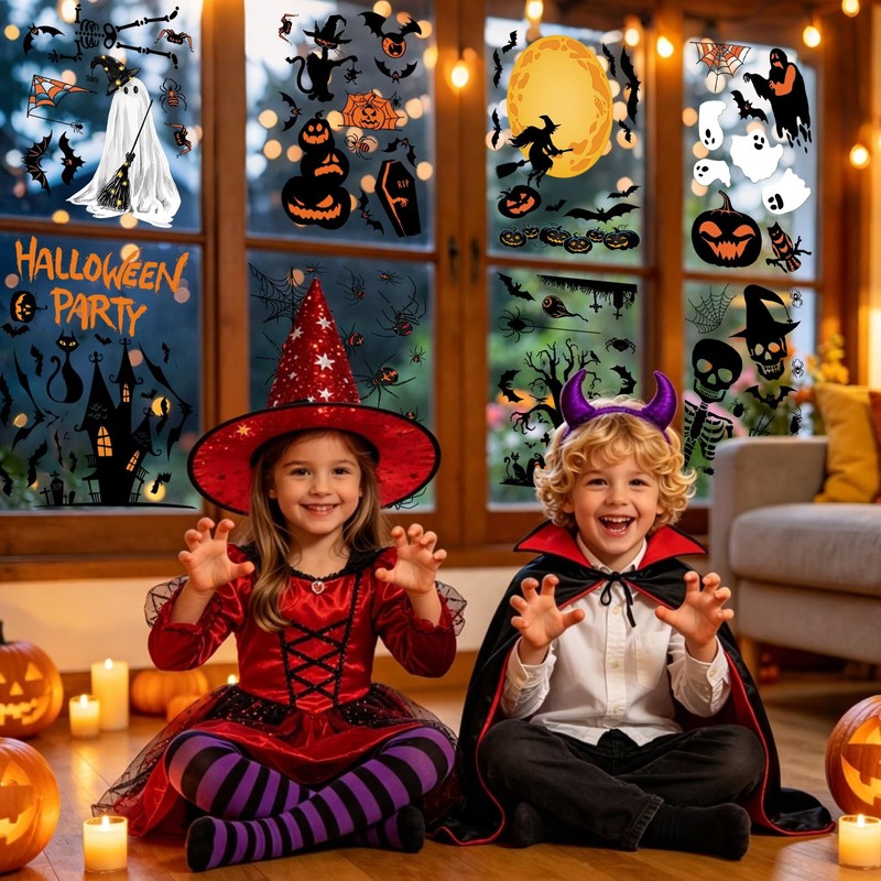 Halloween Window Stickers with Caution Tape 141PCS Halloween Decorations
