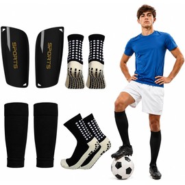 4pcs Espinilleras de Futbol - 2 Pares Calcetines de Futbol Antideslizantes con Protección de Cojín EVA Set de protección de piernas de fútbol para Adolescentes, Adultos