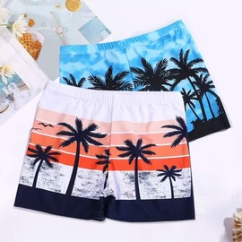 a889 New 2025 Plus Size Men's Modesty Boxer Swim Trunks Set Red Coconut Tree+3XL [75.00 Kg-90.00 Kg 10ea