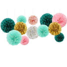 OURUOLA Teal-Pink Gold Party-Decorations Tissue Pom-Poms - 12pcs Sage Green Mint Bridal Shower Paper Flowers Balls for Birthday Engagement Wedding Bachelorette Decor