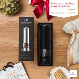 Electric Salt and Pepper Grinder - Battery Operated Stainless Steel Pepper Mill with Light (Black) - Automatic One Handed Operation - Electronic Adjustable Shaker - Ceramic Grinder