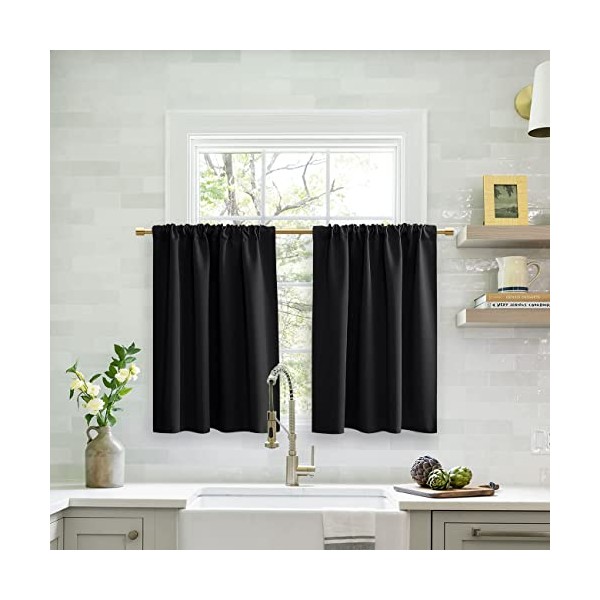 Black Kitchen Curtains 30 Inch Length Privacy Heat Blocking Blackout