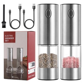 YISUN Electric Salt and Pepper Grinder Set, Stainless Steel Automatic Pepper Mill Grinder with 5 Adjustable Coarseness, One Hand Operation with LED light, Rechargeable Pepper Mill Grinder Set
