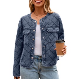 Glamaker Jean Jacket Women Denim - Long Sleeve Button Down Diamond Quilted Lightweight Jackets Fall Winter Shacket Coats,Grey Blue M