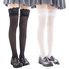 SHUCLASS Knee High Socks, Knee High Socks, with Lace, Lolita Style, Cute, For Cosplay and Uniforms, Over the Knee Socks, For School Commutes, Below The Knee Socks, Beautiful Leg Socks, Socks, 2 Colors