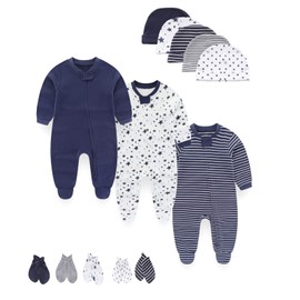 MAMIMAKA Baby Boy Girls Clothes 2-Way Zip Footed Long Sleeve 100% Cotton, Newborn Caps and Scratch Mittens Set 0-6 Months, navy blue