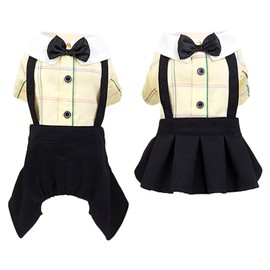 apott Yellow Dog Overalls Pet Couples Dress Pant Plaid Puppy T-Shirts Jumpsuit Clothes for Small Medium Dogs Cats for Party Birthday, L