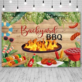 AIBIIN 7x5ft Backyard BBQ Backdrop Summer Seafood Barbecue Backdrop Rustic Tropical BBQ Birthday Party Baby Shower Background Hawaiian Backyard BBQ Decoration