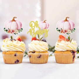 Keaziu - Paquete de 24 adornos para cupcakes de calabaza para bebé, decoración de baby shower, decoración de calabaza, decoración de cumpleaños, púas de calabaza, revelación de género, decoración de cupcakes, color rosa