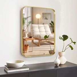 Umzodo 16x24 inch Brushed Gold Bathroom Mirror for Wall, Rounded Rectangle Mirror with Metal Frame for Bathroom Entryway Vanity,Living Room,Bedroom,Vertical or Horizontal