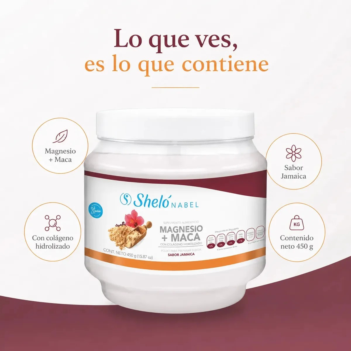 Colágeno Hidrolizado con Maca y Magnesio Sabor Jamaica 450g Sheló Nabel Suplemento Alimenticio