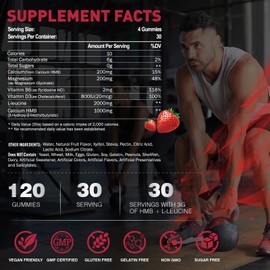 HMB and L-Leucine Gummies, Chewable HMB Amino Acid and Leucine Supplement for Men & Women, Muscle Health & Growth, Immune Support & Overall Health, Vegan Strawberry Flavor, 120 Count