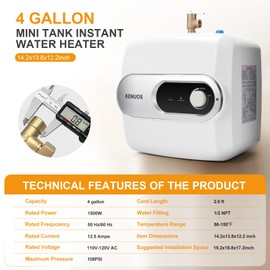 KENUOS 4 Gallon Water Heater Under Sink Instant Hot Water Heaters 1500W 110V 120V Mini Tank,Under Counter Water Heater with T&P Vavle 1/2" NPT for Kitchen,Bathroom,Camper,RV,Grey