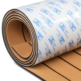 OCEANBROAD Boat Flooring EVA Foam Self-Adhesive 96''x36''x2 Pack Faux Teak Marine Boat Decking Sheet for Jon Boats Yacht Floor, Camel Brown with Black Seam Lines