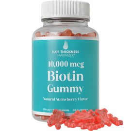 Ultra High Strength Biotin Gummies for Hair Growth for Women and Men. Gelatin Free, Vegan Biotin 10000mcg Chewables for Stronger Hair Skin and Nails. Great Tasting Strawberry Flavored Gummy