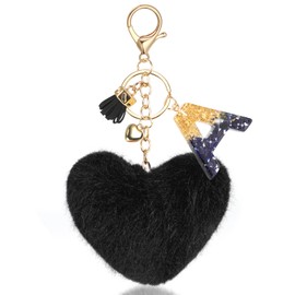 MWOOT Heart Pom Pom Key Chain, Fluffy Key Ring for Women's Backpack Purse Car Key Bag, with Resin Name Letter A, Black