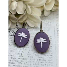 FANCY FOX BOUTIQUE Purple  White Dragonfly cute Bronze Boutique French Wire Cameo Earrings Wedding