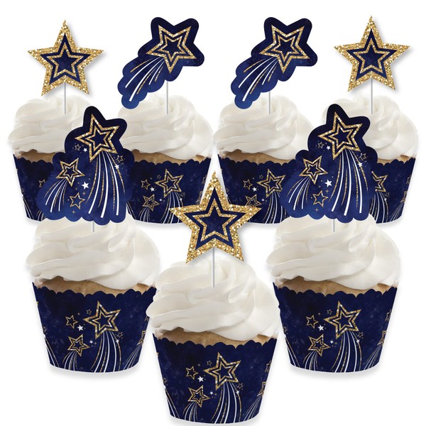 Big Dot of Happiness Starry Skies - Decoración para cupcakes - Juego de 24 envoltorios para cupcakes de fiesta celestial dorada